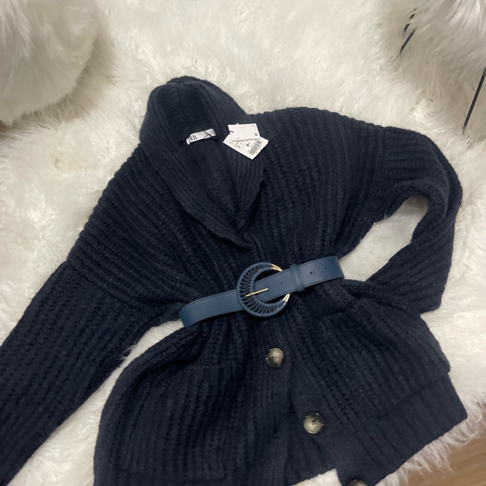 Zara oversize thick navy blue cardigan Sweater - Picture 3 of 8